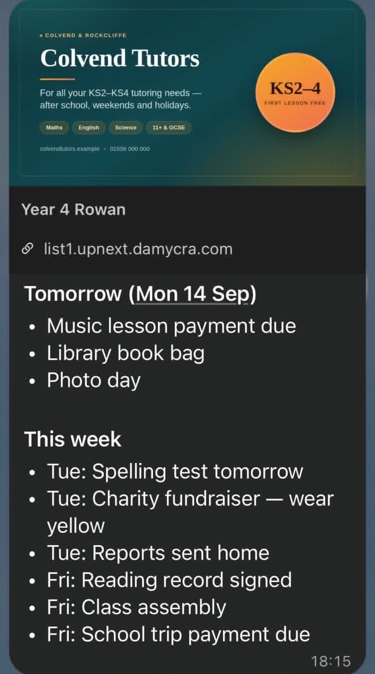 A shared list in a group chat: an advert for a local tutor, the list name
              Year 4 Rowan, and tomorrow&rsquo;s and this week&rsquo;s reminders as a bulleted message.
